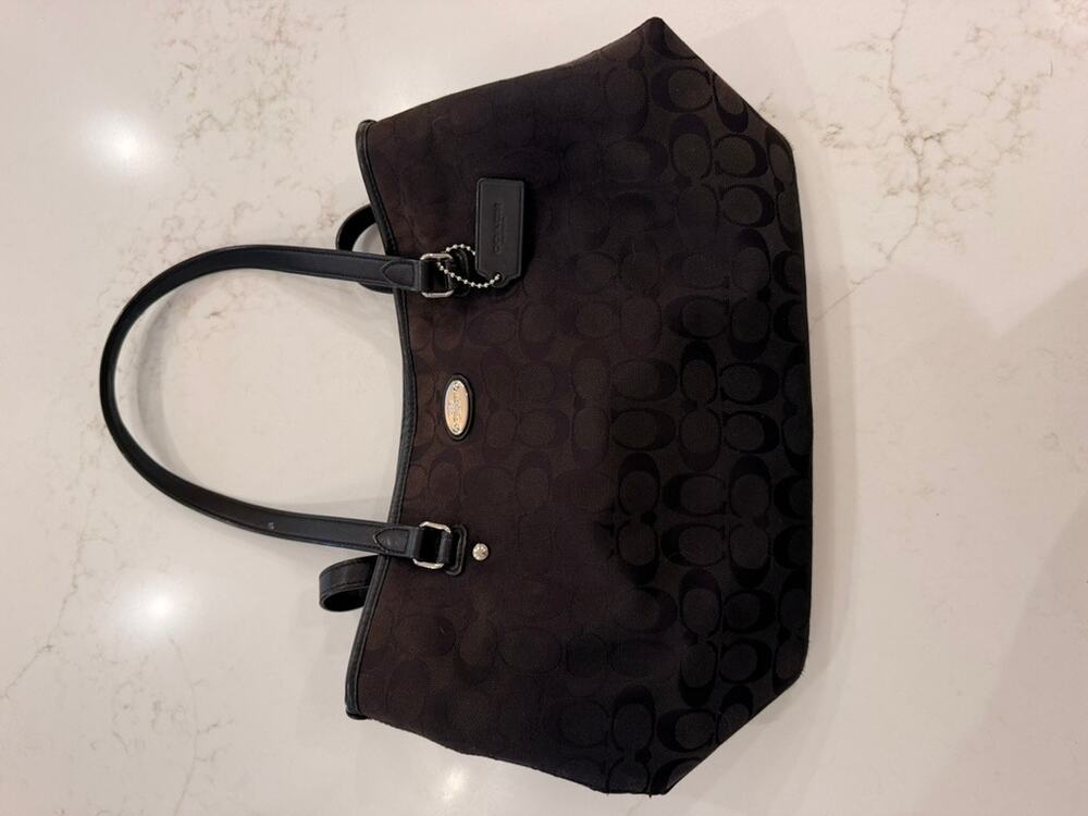 Coach Signature Black/Brown Jacquard Tote Shoulder Bag
